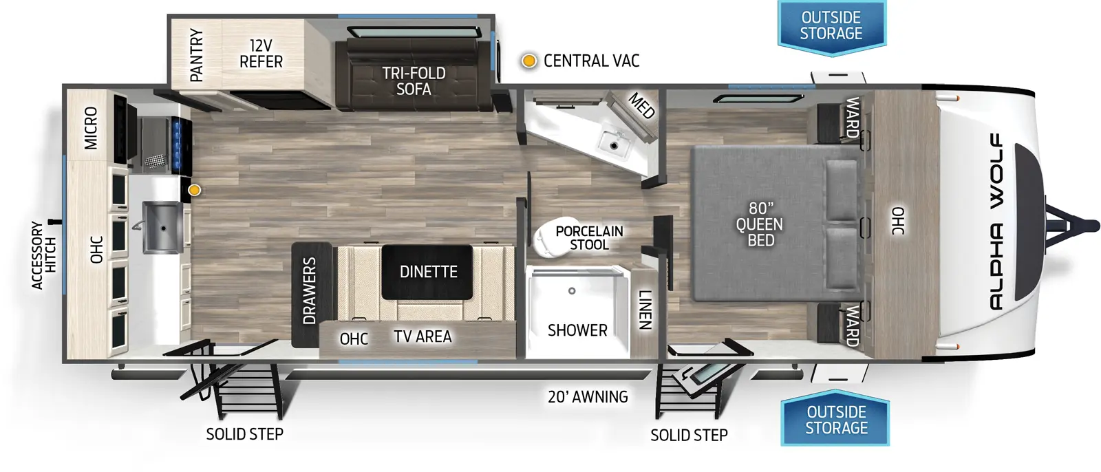 The 23LDE has one slideout and two entries. Exterior features a 20 foot awning, SolidStep entries, outside storage, and rear accessory hitch. Interior layout front to back: foot-facing queen bed with overhead cabinet and wardrobes on each side, and entry door; split pass through full bathroom with medicine cabinet, porcelain stool, and linen closet; off-door side slideout with tri-fold sofa, 12 volt refrigerator, and pantry; door side dinette, overhead cabinet with TV area, drawer cabinet, and second entry; rear kitchen counter with sink, overhead cabinet, microwave, cooktop, and central vacuum.